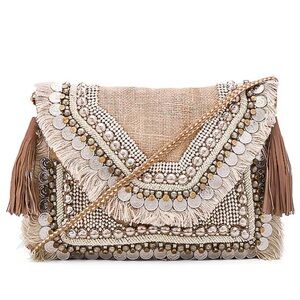 Shashi Leela Bohemian Clutch Woven Shoulder Strap Cross Body in Natural